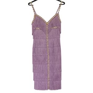NWT Mandalay Lavender Purple Midi Short Dress Fringe Studded Designer Bodycon